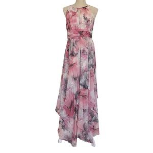 R&M Richards pink with grey flower print maxi dress with layers in size 6